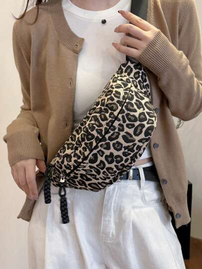 女士时尚豹纹冬季斜跨单肩腰包，编织拉链休闲腰包，户外运动斜挎胸包