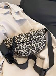 女士时尚豹纹冬季斜跨单肩腰包，编织拉链休闲腰包，户外运动斜挎胸包 - 彩色 - 查看 4