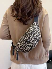 女士时尚豹纹冬季斜跨单肩腰包，编织拉链休闲腰包，户外运动斜挎胸包 - 彩色 - 查看 3