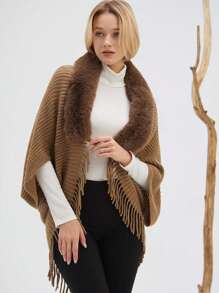 1PC Khăn choàng mềm mại sang trọng cho phụ nữ thanh lịch cổ lông chồn giả khăn choàng quấn áo len dệt kim áo choàng có viền tua rua ấm áp hở phía trước cho phụ kiện trang trí ngoài trời cuối tuần thường ngày phong cách trưởng thành - khăn choàng dệt kim có cổ lông - Xem 6