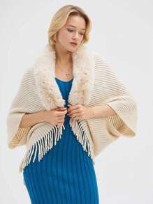 1PC Khăn choàng mềm mại sang trọng cho phụ nữ thanh lịch cổ lông chồn giả khăn choàng quấn áo len dệt kim áo choàng có viền tua rua ấm áp hở phía trước cho phụ kiện trang trí ngoài trời cuối tuần thường ngày phong cách trưởng thành - khăn choàng dệt kim có cổ lông - Xem 5