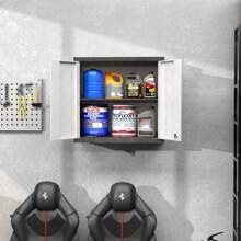 Metal Wall Cabinets For Storage With Lock,Steel Garage Hanging Cabinet With 1 Adjustable Shelf And 2 Doors,Garage Cabinet Upper,Wall Mounted Metal Cabinet For Office And Home - Black and White - View 2