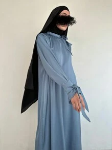 1pc Women Modest Abaya Robe, Elegant Casual Soft Elegant Fashionable Humble Simple Satin Solid Color Loose Design Sleeve Neck Drawstring Maxi Robe Cardigan, Comfortable Soft Breathable Skin-Friendly Fabric, Suitable For Festivals, Daily, Outdoor, Gatherings