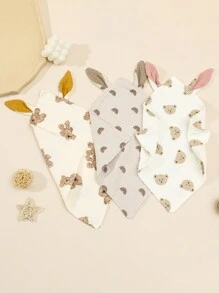1pc Baby Drool Bib, Floral Print Soft Double-Layer Muslin Cloth Drool Bib With Bunny Ears - Multicolor - View 4