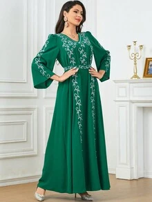 Women's Casual Solid Color Embroidery & Beaded V-Neck Long Arabic Style Dress With Matching Embroidered Belt - Dark Green - View 4