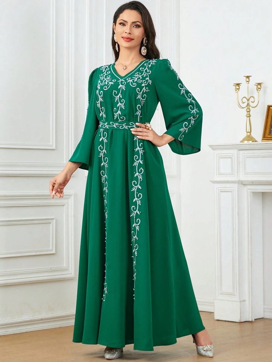 Women's Casual Solid Color Embroidery & Beaded V-Neck Long Arabic Style Dress With Matching Embroidered Belt - Dark Green - View 1