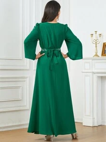 Women's Casual Solid Color Embroidery & Beaded V-Neck Long Arabic Style Dress With Matching Embroidered Belt - Dark Green - View 2