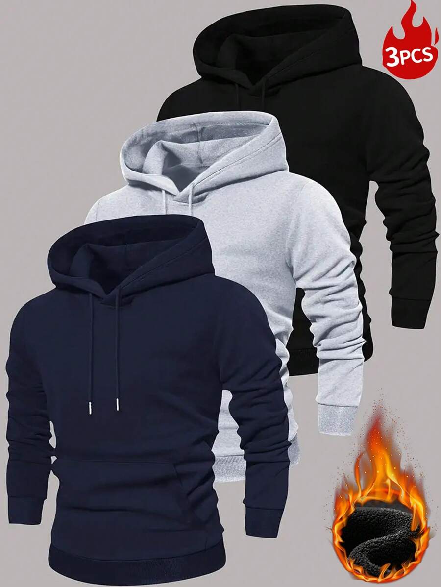 Bộ 3 áo nỉ có mũ lót giữ nhiệt màu trơn thường ngày cho nam, mùa thu/đông - Nhiều màu - Xem 1
