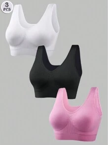 3pcs Women's Sports Bras Set, Plus Size Solid Non Padded Seamless Running Versatile Bralette - Multicolor - View 4