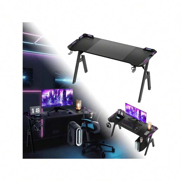 LILIIN 120/ 140/ 160 x 60cm Gaming Tisch Gamer Schreibtisch A-förmiger Computertisch mit RGB LED-Licht, Kohlefaseroberfläche Ergonomischer Eckschreibtisch mit Getränkehalter und Kopfhörerhaken