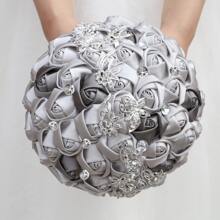 新娘婚礼奢华蝴蝶花束，闪亮银水晶缎带玫瑰，勃艮第奶油色面料永生花花束 W2216-Z