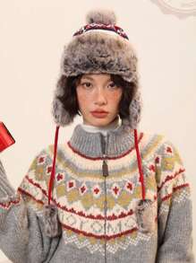 1 件冬季新款保暖内衬护耳帽，枫叶复古提花针织毛绒帽，户外骑行滑雪防风防寒毛绒帽