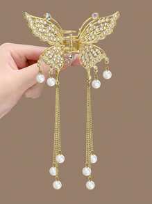 一個水鑽珍珠蝴蝶夾子,後腦高級盤髮夾,適用於女士時尚頭飾 - 金色 - 查看 3
