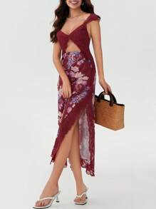 Women's Y2K Summer Bodycon Maxi Dress Floral Print Lace Patchwork Long Dress Sleeveless Backless V Neck Party Dress Beach Vacation Sundress - Đỏ - Xem 4