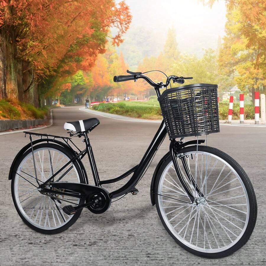 26 Inch Adult Cruiser Bicycle, Commuter Bike With Basket, Steel Frame Urban Bike For Men, Women, Youth - 26寸黑色 - 查看 1