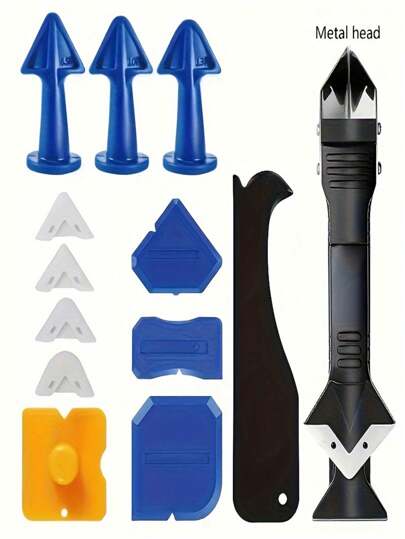9 st 4-i-1 verktygssats för tätning av silikon - multifunktionella huvuden i rostfritt stål, justerbart munstycke för silikontätning, injekteringsspatel och skrapa för kök, badrum, fönster och diskbänksfogar - lätt att rengöra och återanvända