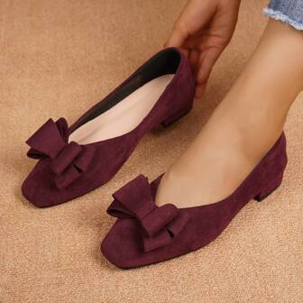 蝴蝶结一脚蹬高跟鞋，女士正装鞋，时尚百搭低跟通勤鞋，办公室休闲鞋，酒红色高跟鞋