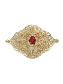 1pc Elegant Gold-Color Rhinestone Inlaid Brooch Pin, Delicate Hollow-Out Design, Vintage Style Brooch, Perfect For Moroccan Bride, Wedding, Party, Event