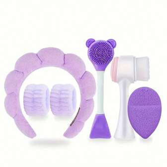 6-Pieces Facial Care Set: Deep Cleansing, Spa Mask Brush Set - Portable Skin Care Set With Soft Flannel Headband, Silicone Exfoliating Brush, - Ideal Gift For Women,Skincare Headband,Beauty,Skin Care Products,Spa,Self Care,Skin Care Tools,Face Care,Esthetician Supplies,Skin,Face Wash,Facial