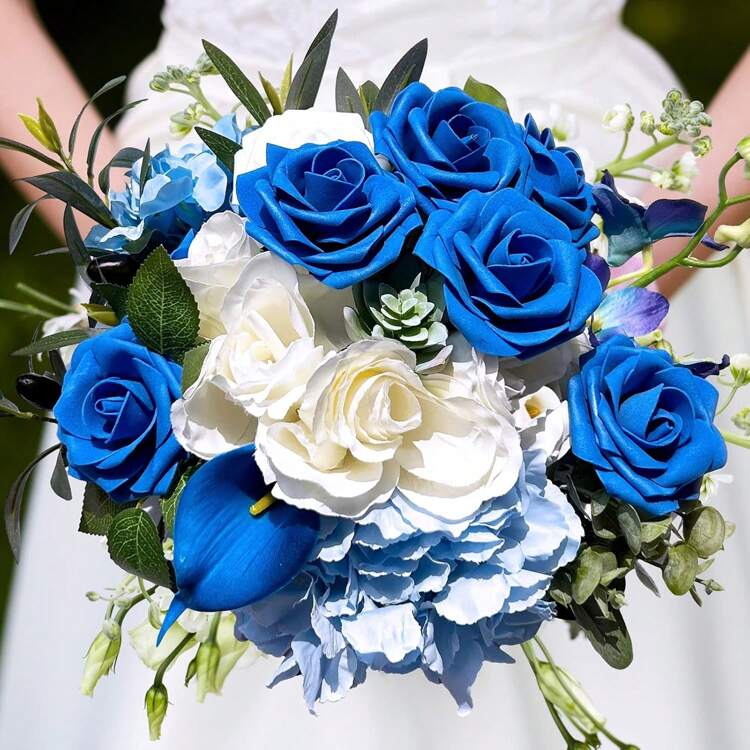 10/30/50/100支象牙色泡沫假玫瑰带茎，适用于DIY婚礼花束、新娘送礼会中心装饰品、派对餐桌装饰、情人节和母亲节（不含纸盒） - 寶藍色 - 查看 8