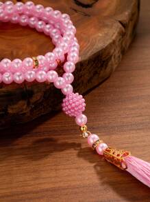 1 件简约粉色串珠长流苏祈祷手链，附祝福卡，适合节日佩戴 - 彩色 - 查看 3
