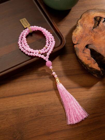 1 件简约粉色串珠长流苏祈祷手链，附祝福卡，适合节日佩戴