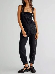 Women Denim Long Jumpsuit Casual Spaghetti Strap Wide Leg Romper Pants Summer Baggy Bib Overalls - 黑色 - 查看 2