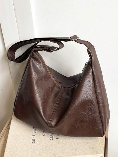 Vintage Solid Color PU Leather Shoulder Bag For Women, Casual Large Capacity Outdoor Travel Vacation Crossbody Bag, Portable Versatile Business Commuting Crescent Bag For Daily Work Use, Lightweight New Street Shopping Underarm Bags