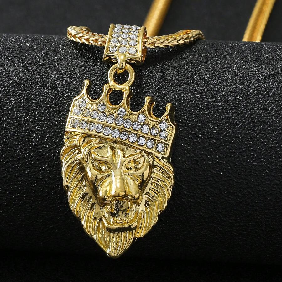 1pc Recién Llegado Corona Unisex Y Colgante De Cabeza De León Con Diamantes De Imitación Para Collar, Chapado En Oro - Amarillo Oro - Ver 1