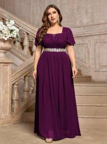 Plus Deep V Neck Floral Lace Flounce Sleeve Bodice Contrast Sequin Decorated Belt Chiffon Hem Formal Evening Party Dress - Màu Tím - Xem 6