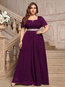 Plus Deep V Neck Floral Lace Flounce Sleeve Bodice Contrast Sequin Decorated Belt Chiffon Hem Formal Evening Party Dress - Màu Tím - Xem 3