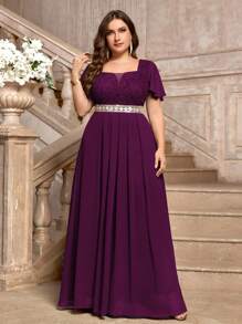 Plus Deep V Neck Floral Lace Flounce Sleeve Bodice Contrast Sequin Decorated Belt Chiffon Hem Formal Evening Party Dress - Màu Tím - Xem 4