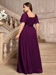 Plus Deep V Neck Floral Lace Flounce Sleeve Bodice Contrast Sequin Decorated Belt Chiffon Hem Formal Evening Party Dress - Màu Tím - Xem 2