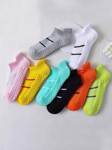 7 pares de meias esportivas femininas, meias curtas com padrão listrado decotado, meias de corrida com amortecimento respirável e absorvente de choque, para academia