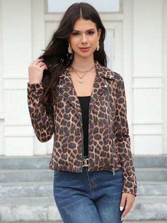 Giacca casual con chiusura lampo anteriore, maniche lunghe, colletto alla coreana, in stampa leopardata, per donne