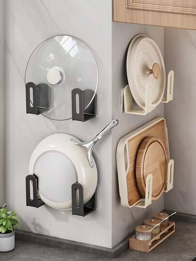 2pcs Plastic Pot Lid Rack, Wall Mounted Pot Lid Rack, No Drilling Required, Suitable For Placing Pot Lids, Cutting Boards, Pans, Kitchen Storage Supplies