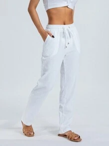 Women's Loose Trousers Casual Solid Color Wide-Leg Trousers Drawstring Design Fashion Bottoms Long Pants - 白色 - 查看 8