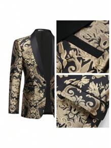 Traje de esmoquin para hombre - Conjunto de 2 piezas de ajuste regular que comprende chaqueta blazer con estampado floral, chaleco y pantalones para bodas y bailes de graduación (Dorado+Negro) - Negro - Ver 3