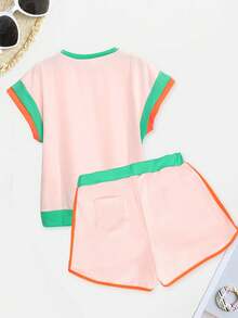 Bộ đồ thường ngày nhiều màu mới cho phụ nữ, thời trang châu Âu và Mỹ, bộ 2 món rộng rãi, che khuyết điểm, tay ngắn - Hồng - Xem 2