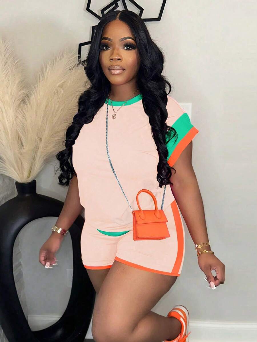 Bộ đồ thường ngày nhiều màu mới cho phụ nữ, thời trang châu Âu và Mỹ, bộ 2 món rộng rãi, che khuyết điểm, tay ngắn - Hồng - Xem 1