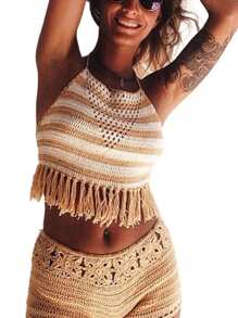 Beauace Womens Swim Shorts Crochet Cutout Bathing Suit Bottoms Drawstring Beach Board Shorts Summer Swim Trunks - Beige - View 2