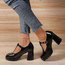 女士复古高跟鞋厚跟厚底鞋，时尚优雅时尚高跟鞋 - 黑色 - 查看 2