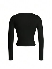 Vaiaye 女士春夏针织方领长袖T恤镂空性感收腰黑色上衣，女士健身服，2026嘉年华女士造型，适合日常穿着、通勤 - 黑色 - 查看 4