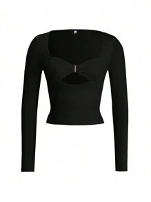 Vaiaye 女士春夏针织方领长袖T恤镂空性感收腰黑色上衣，女士健身服，2026嘉年华女士造型，适合日常穿着、通勤 - 黑色 - 查看 3