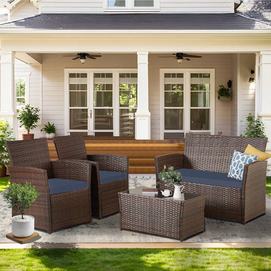 Four -Piece Courtyard Set, With Cushions And Coffee Tables, Outdoor Leisure Dialogue Sofa Combinations, Suitable For Gardens, Terraces, Etc., Home Or Commercial Places - 藍色 - 查看 1