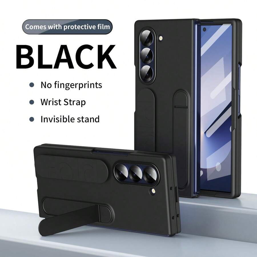 Compatible con Samsung Galaxy Z Fold3/Fold4/Fold5/Fold6/Fold7, Funda protectora con correa de muñeca vertical con protector de pantalla de vidrio templado incorporado, funda protectora de teléfono con soporte invisible, correa de muñeca retráctil, anillo de protección del lente de metal, cubierta protectora de lujo personalizada de alta gama anti-caída de moda