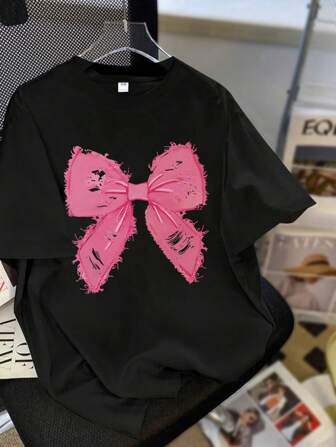 青少年女孩休闲简约蝴蝶结印花圆领短袖T恤春夏宽松超大码