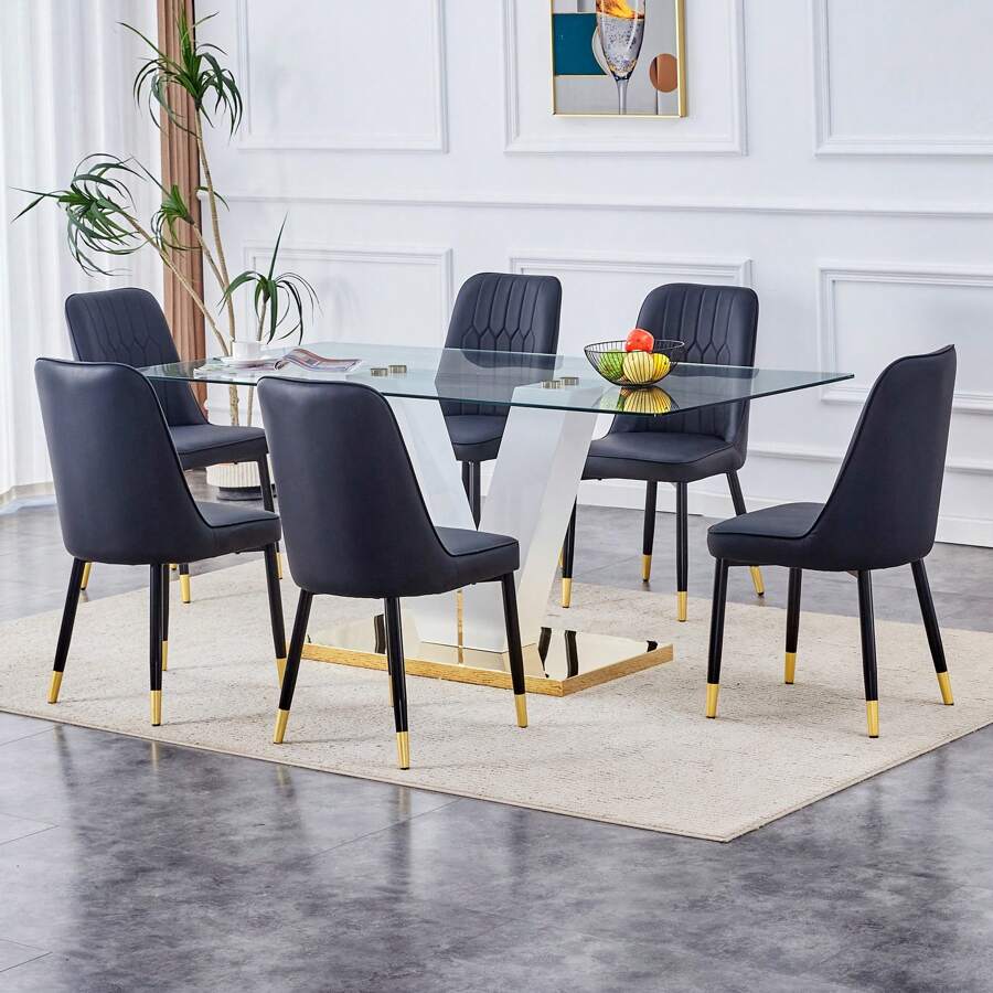 Table And Chair Set, Subtle Luxury Clear Tempered Glass Dining Set, 71"X354" With 6 Black PU Chairs V-Shape MDF Painting Table Legs Bring A Comfortable Home Experience To The Kitchen And Office - 黑色 - 查看 1