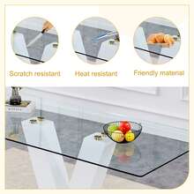 Table And Chair Set, Subtle Luxury Clear Tempered Glass Dining Set, 71"X354" With 6 Black PU Chairs V-Shape MDF Painting Table Legs Bring A Comfortable Home Experience To The Kitchen And Office - 黑色 - 查看 8