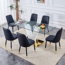Table And Chair Set, Subtle Luxury Clear Tempered Glass Dining Set, 71"X354" With 6 Black PU Chairs V-Shape MDF Painting Table Legs Bring A Comfortable Home Experience To The Kitchen And Office - 黑色 - 查看 3